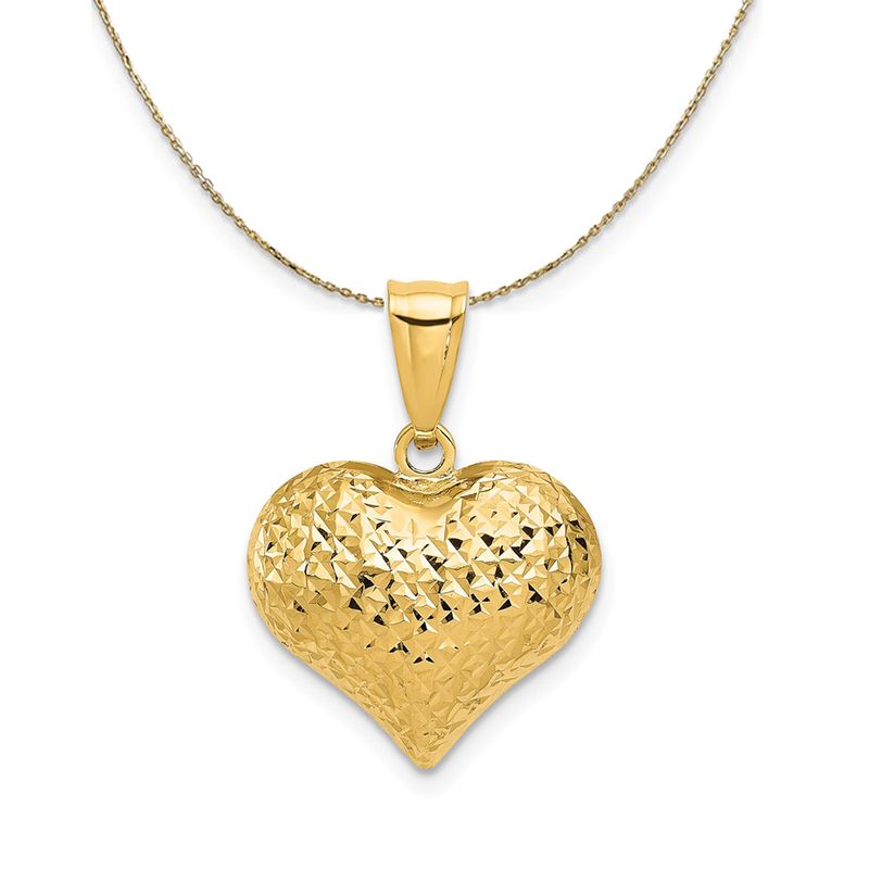14k Yellow Gold Semi Solid Diamond Cut Puffed Heart Necklace - 24 Inch